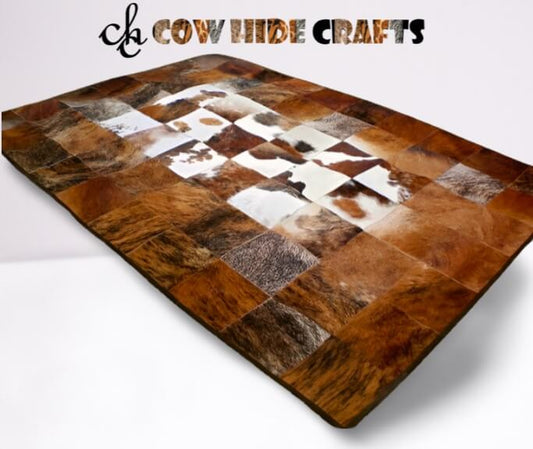 Large tricolor patchwork cowhide rug handmade