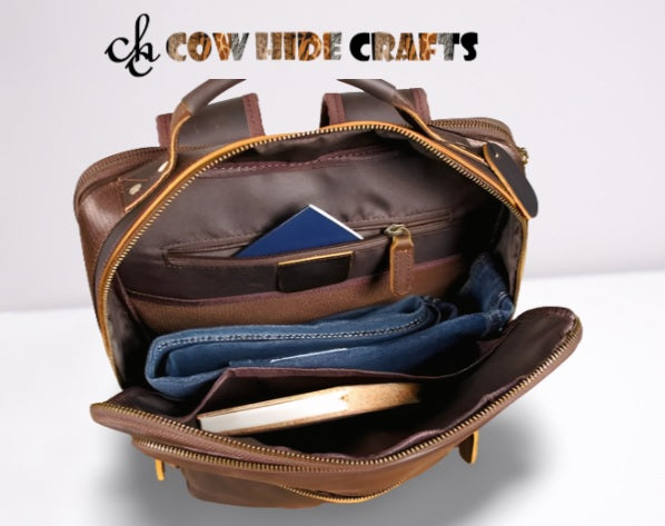 classic leather backpack with compartments