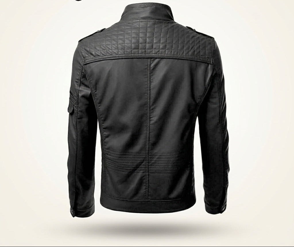 Stitched chevron panel and quilted chest detail on leather biker jacket
