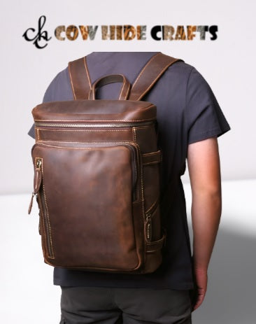 Leather business backpack cylindrical zipper opening