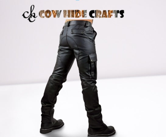 Side cargo thigh pocket with snap-button flap on leather trousers