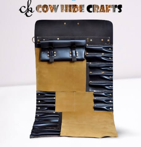 Leather chef knife roll utensil holder inside