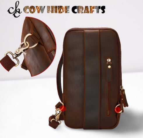 Leather chest bag outside zipper pocket