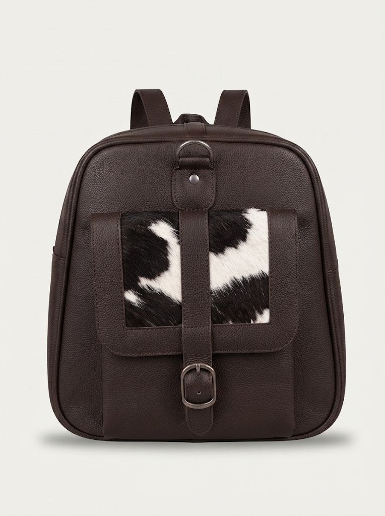 Side utility pocket with buckle closure on leather cowhide duffle bag