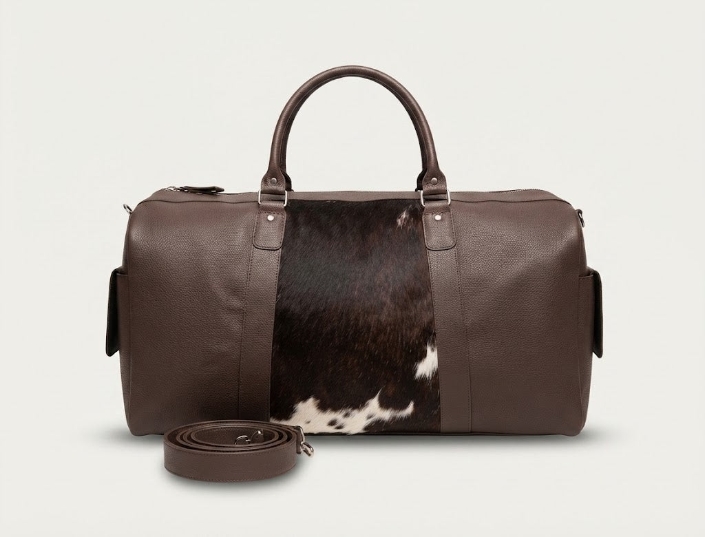 Padded top handle grip detail on leather cowhide duffle bag