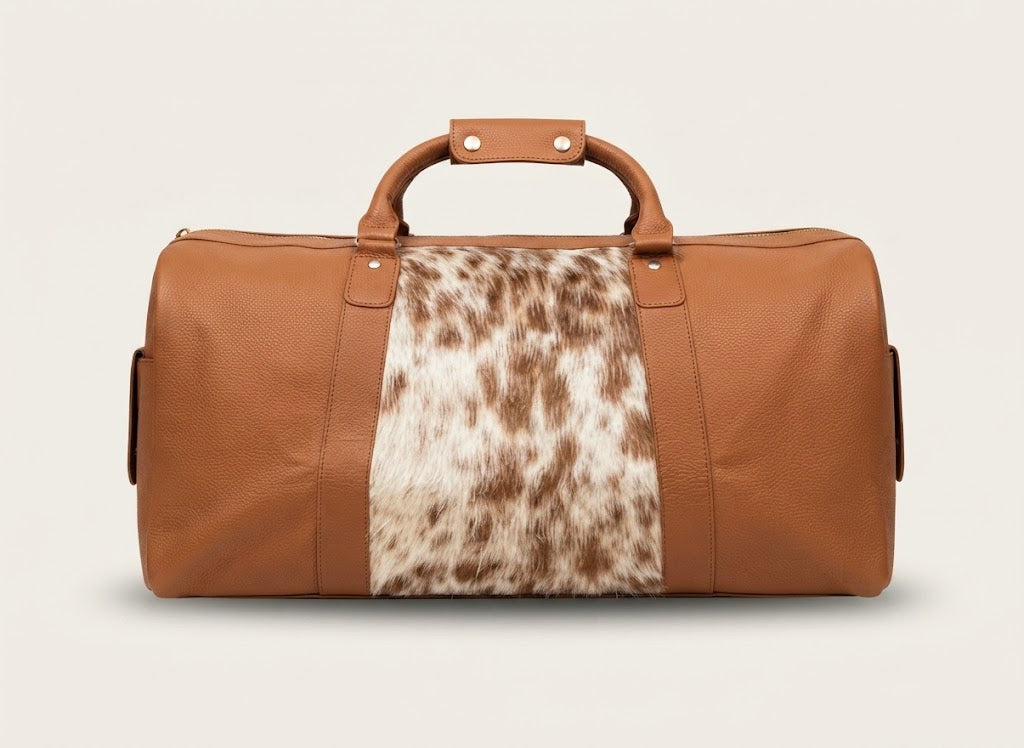 Leather duffle bag with cowhide panel in tan cognac colorway