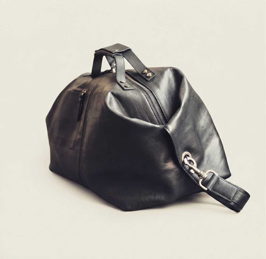 Black leather duffle backpack