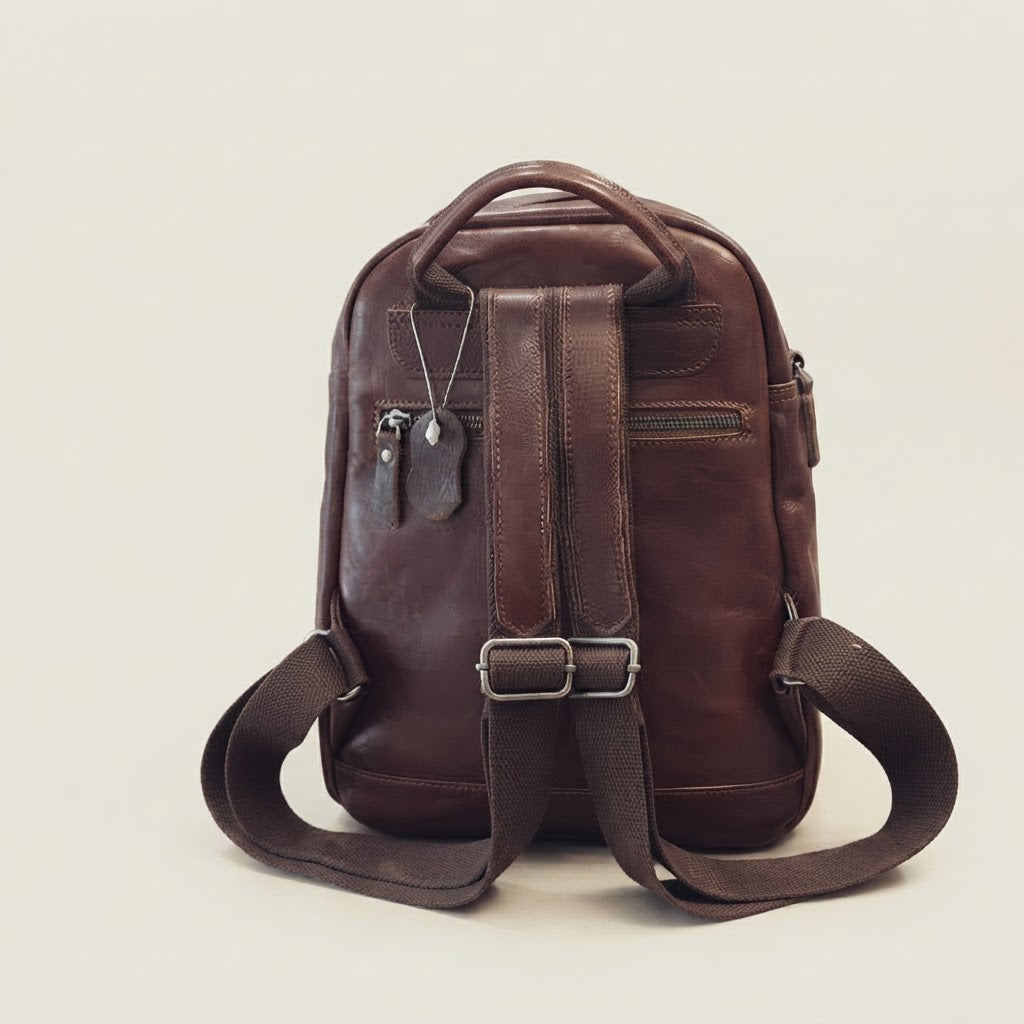 Rear zip pocket detail on leather flap backpack