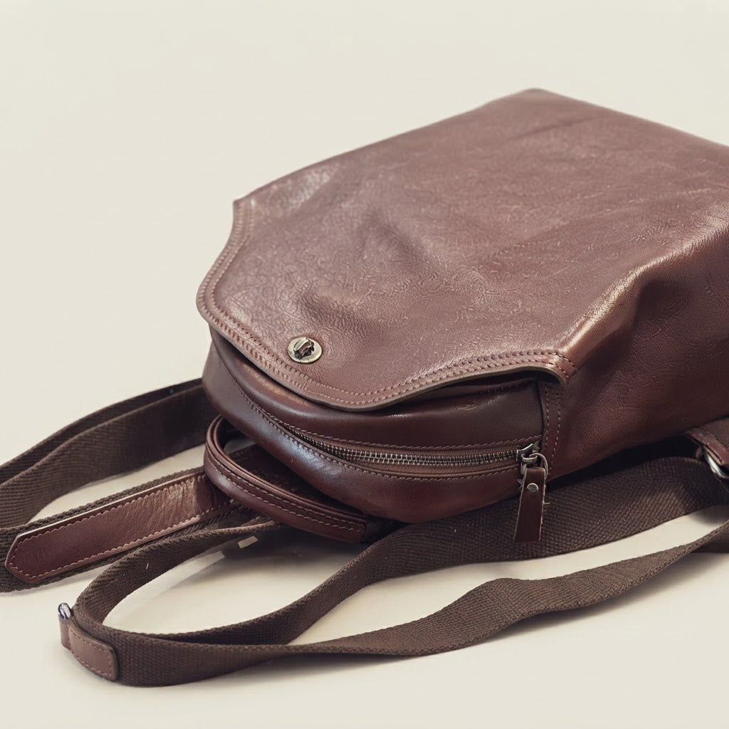 Silver turn-lock clasp detail on leather flap backpack
