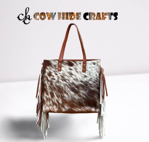 Leather fringe cowhide bag brown white