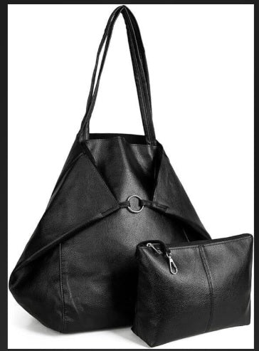 2-piece leather hobo tote set in black, open tote view