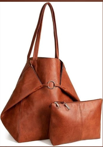 2-piece leather hobo tote set in cognac brown