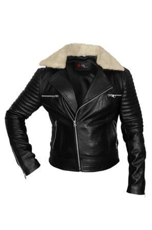 Women's leather jacket with detachable fur collar front