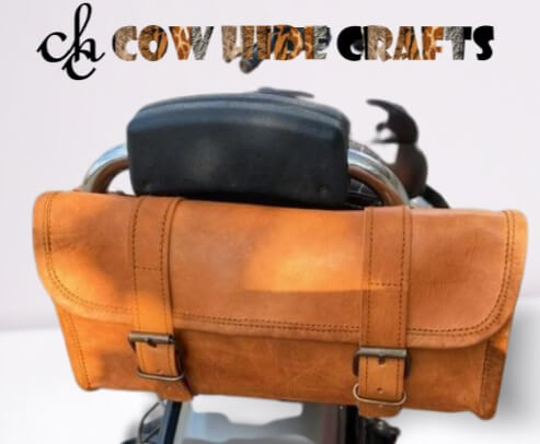 Leather motorcycle pannier belt closure detail
