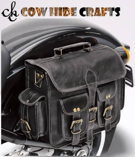 Leather motorcycle panniers multiple outside pockets