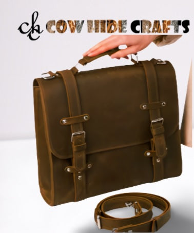 Leather satchel handbag brown flap closure