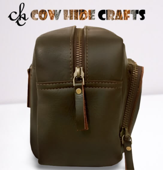 Leather toiletry kit outside pocket detail