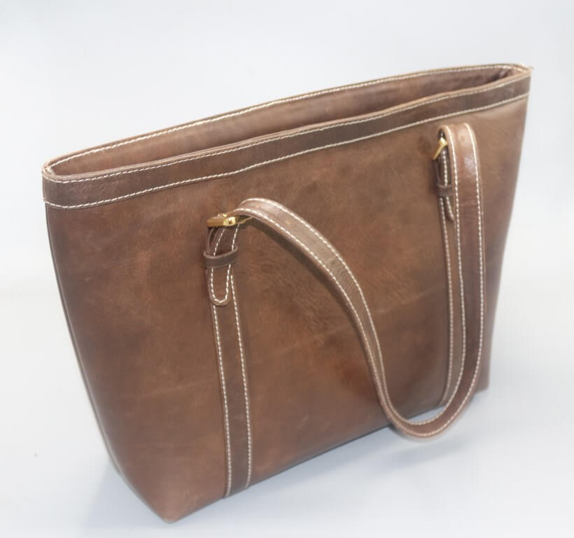 Leather tote bag premium brown gold zipper