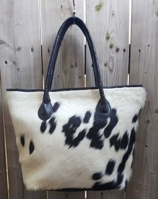 Leather tote carry bag black white cowhide