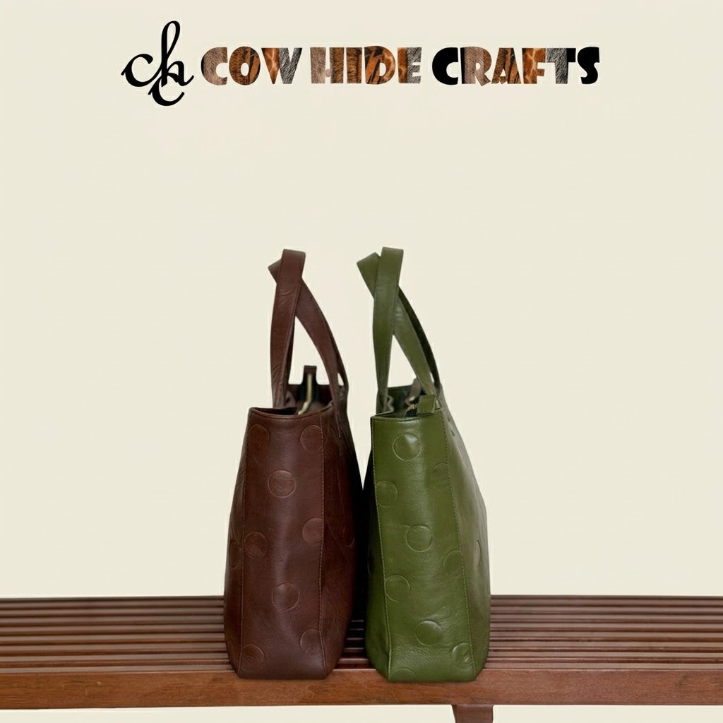 Hand-debossed dot texture detail on leather work tote