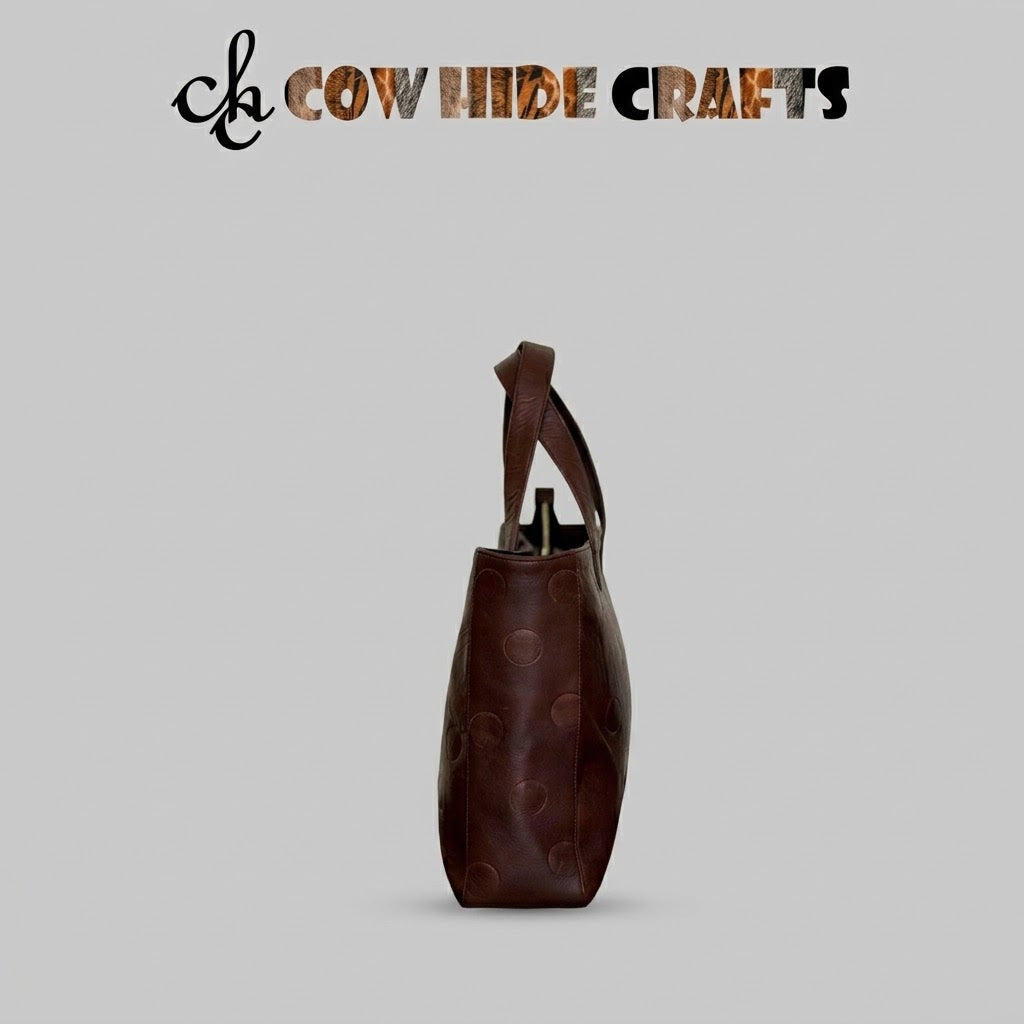 Reinforced handle stitching detail on debossed leather tote