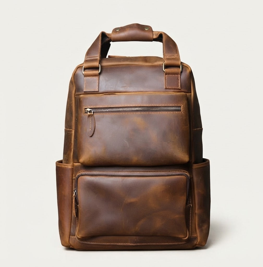 Leather travel backpack in medium brown distressed colorway