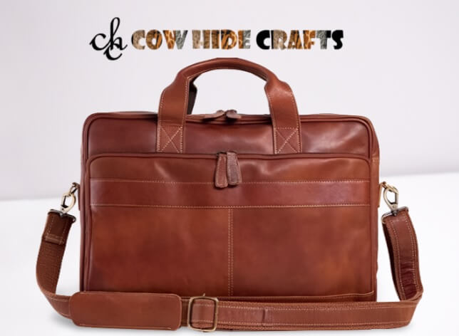 Leather travel briefcase front zipper pocket