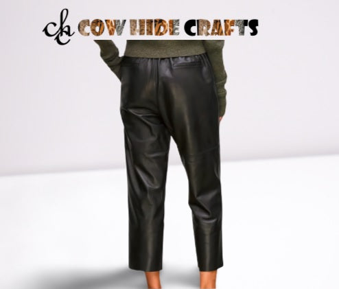 Back welt pocket detail on cropped leather trousers