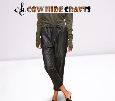 Elasticated waistband with gathered pleat detail on leather trousers