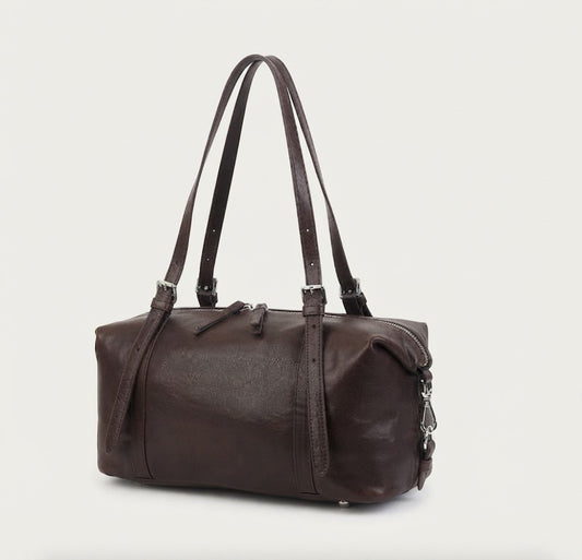 Minimalist leather underarm mini duffle bag in dark brown espresso
