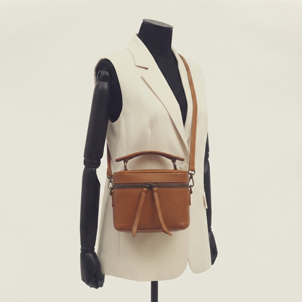 Vintage leather vanity case crossbody box bag in brown