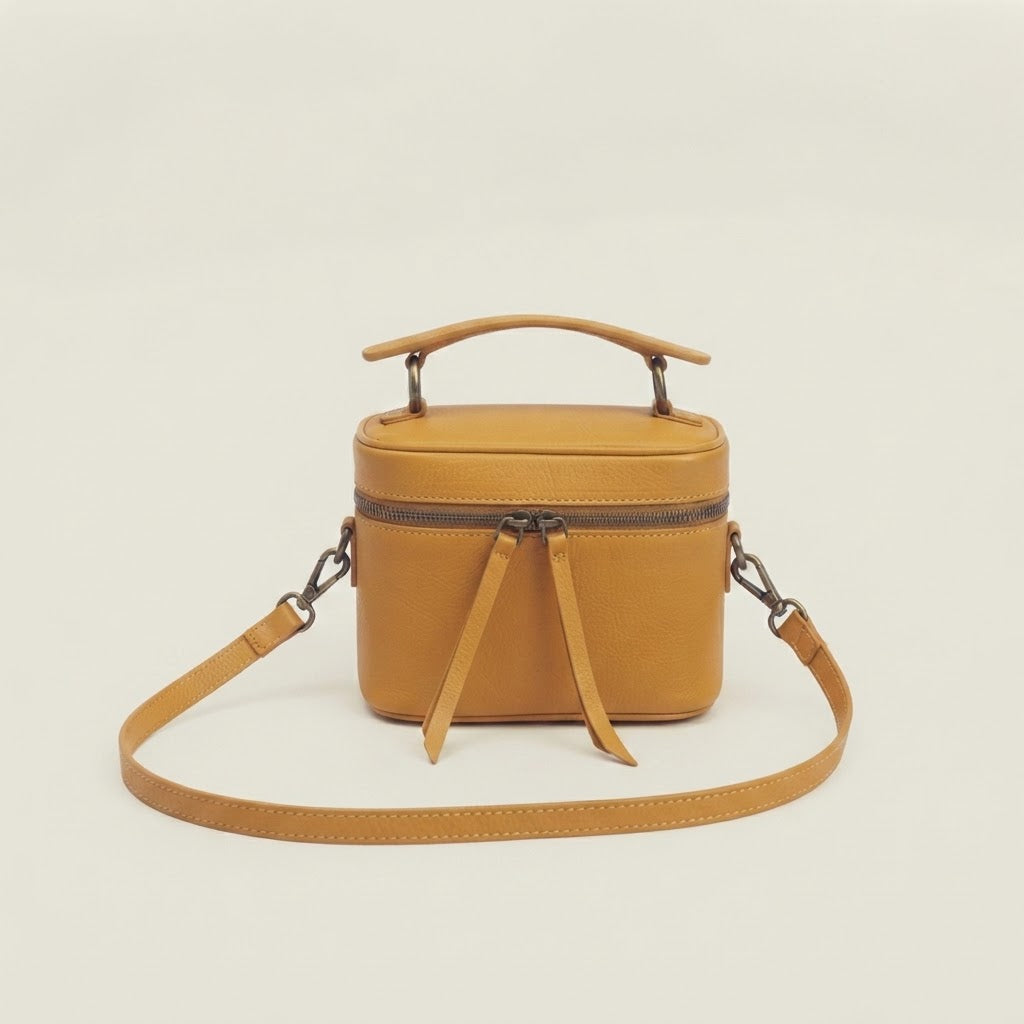 Vintage leather vanity case crossbody box bag in tan