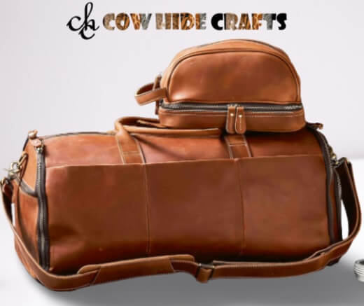 Lifestyle shot of tan leather weekender duffle with detachable shoulder strap – travel ready