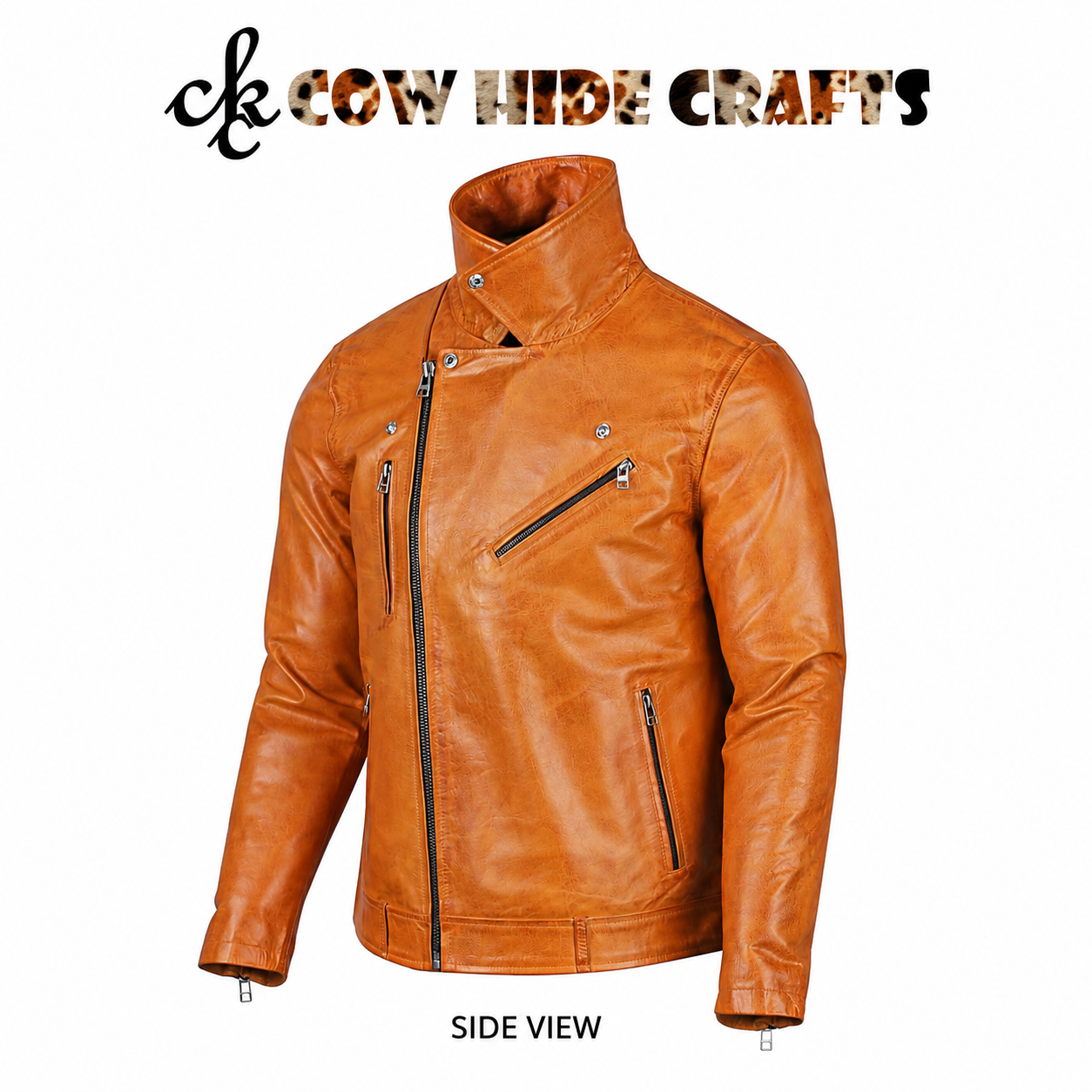 Light brown biker jacket wide standup collar