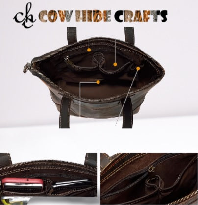 Lined interior with compartments in Crazy Horse leather tote
