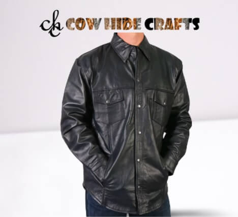 Long black leather shirt with snap button closure
