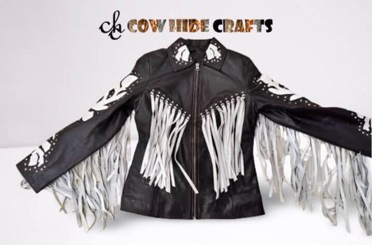 Women's long white fringe cowgirl leather jacket front view