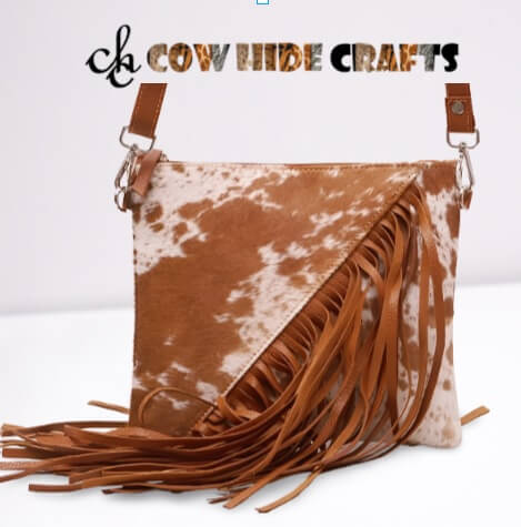 Long fringes crossbody purse tan white cowhide
