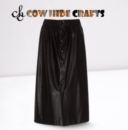 Long length black leather skirt with front snap button closure