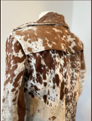 Back view of long patchwork cowhide trench coat