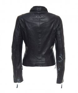Long sleeves navy blue leather jacket women 