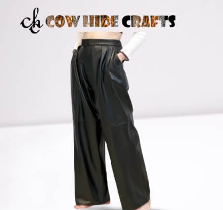 Women's loose fit wide leg blue leather pants