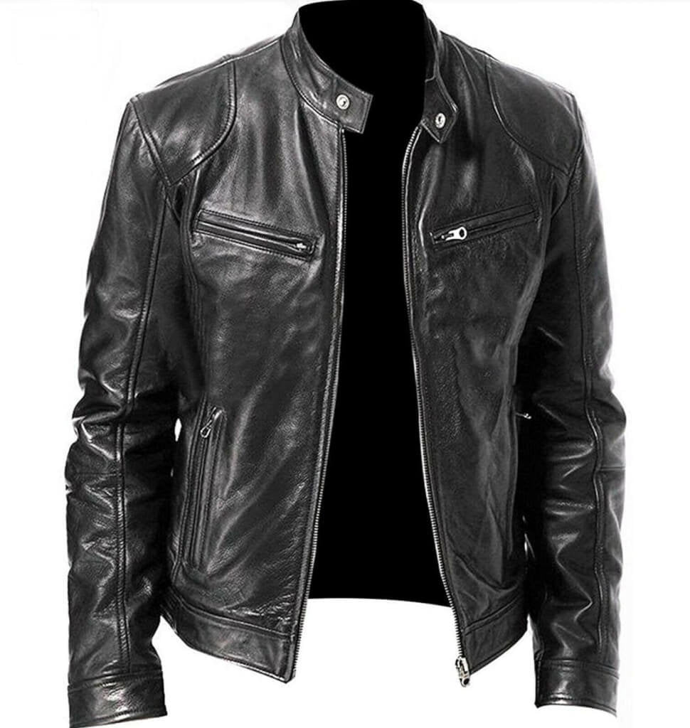 Main zipper and outside pockets on black PU leather bomber