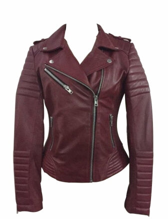 Women's maroon leather biker jacket with padded sleeves
