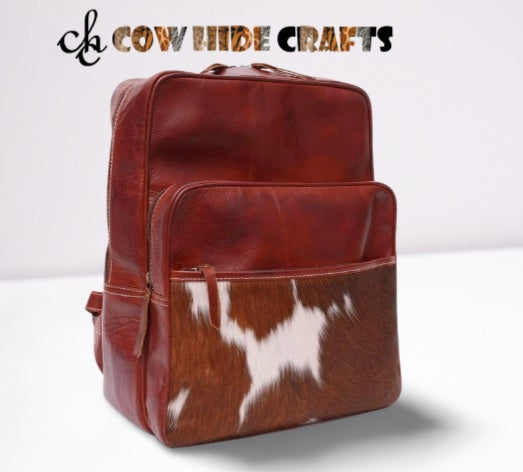 Maroon leather rodeo rucksack with cowhide pocket