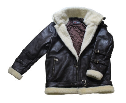 Men's black leather biker jacket with faux fur trim, front view