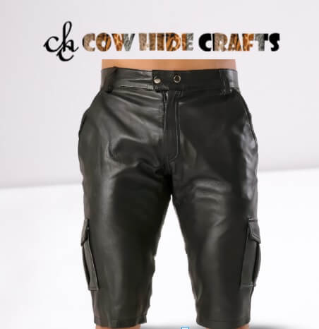 Men's black sheepskin leather cargo shorts