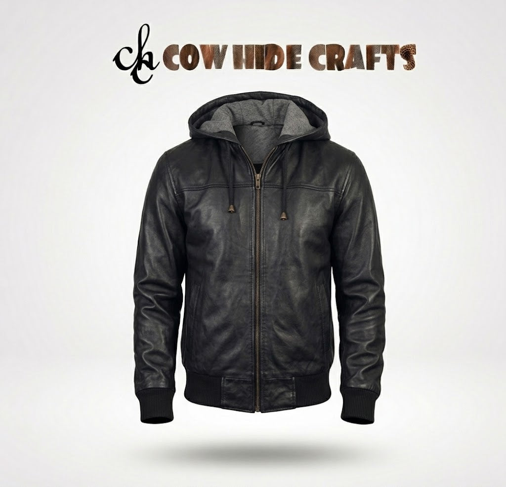 Men's black leather hooded bomber jacket front view