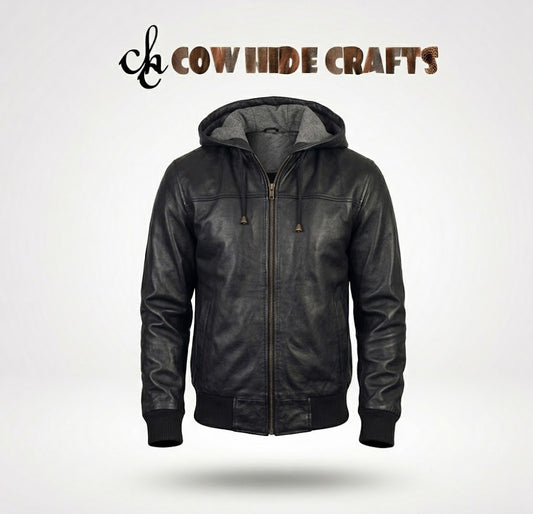 Men's black leather hooded bomber jacket front view