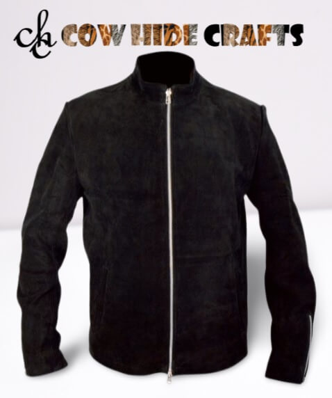 Men's black suede bomber jacket silver zipper front